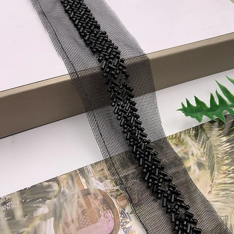 Description Picture 5 of item1Yard Silver Black Beaded Lace Trim Tape Fabric Ribbon DIY Collar Sewing Garment Headdress Net Yarn Lace Materials