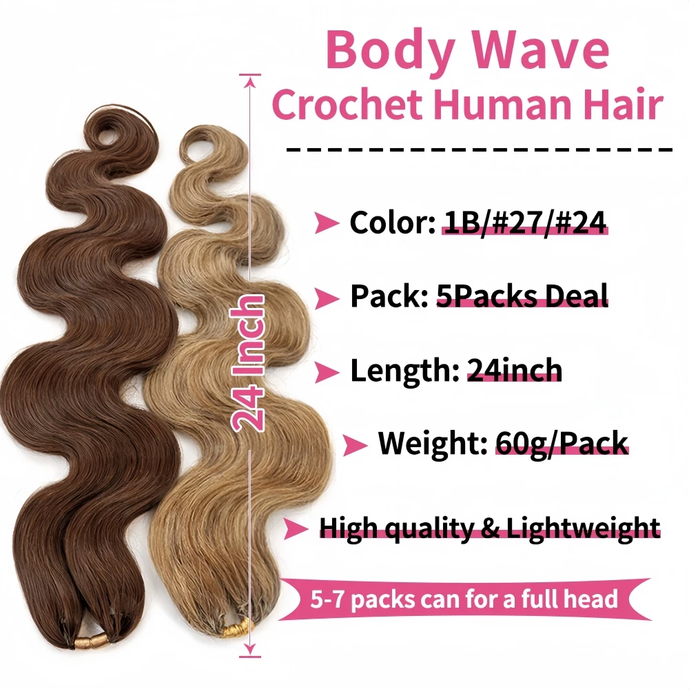 12A Body Wave Knotless Pre-Separated Crochet Hair Extensions Human Hair #27 Honey Blonde Highlight Lightweight Bulk Human Hair 4