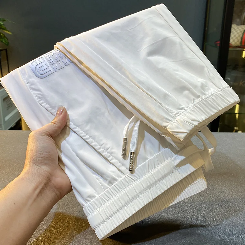 White Casual Pants Men's Summer Thin 2024 New Elastic Waist Slim Breathable Exercise Ankle-Tied Cropped Pants