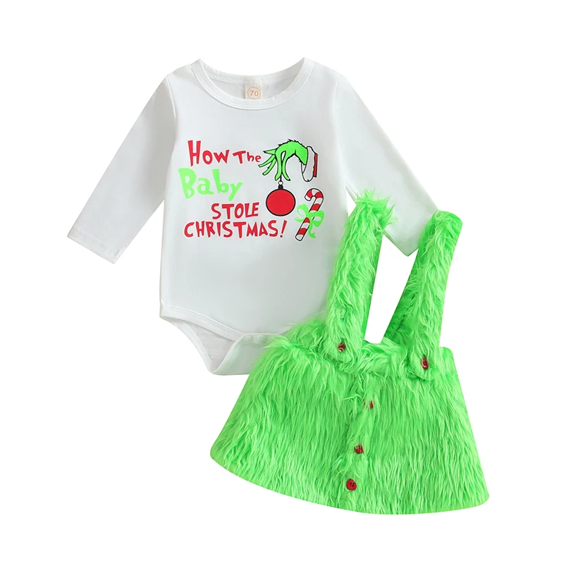 

Infant Baby Girl Christmas Costume Letter Print Long Sleeve Romper Fuzzy Overalls Skirt Festival Clothes