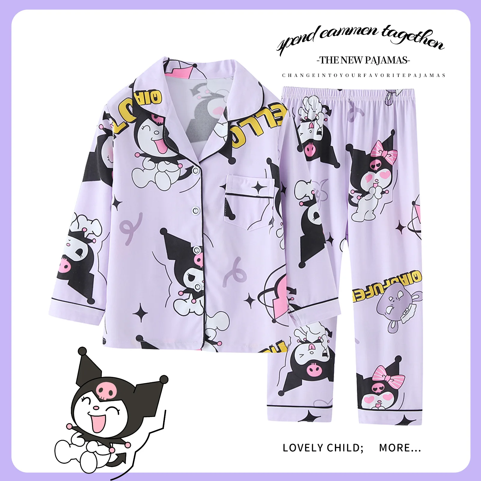 

Kuromi Cinnamoroll Mymelody Pachacco Kawaii Children's Pajamas Spring and Fall Long-sleeved Cardigan Suit Leisure Home Wear
