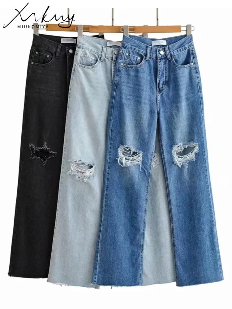 【Anyone more】Komi Light Blue Wide Damage Denim Pants Lovskoo 2024 Women's Wide Leg Baggy Ripped Jeans Big Holes