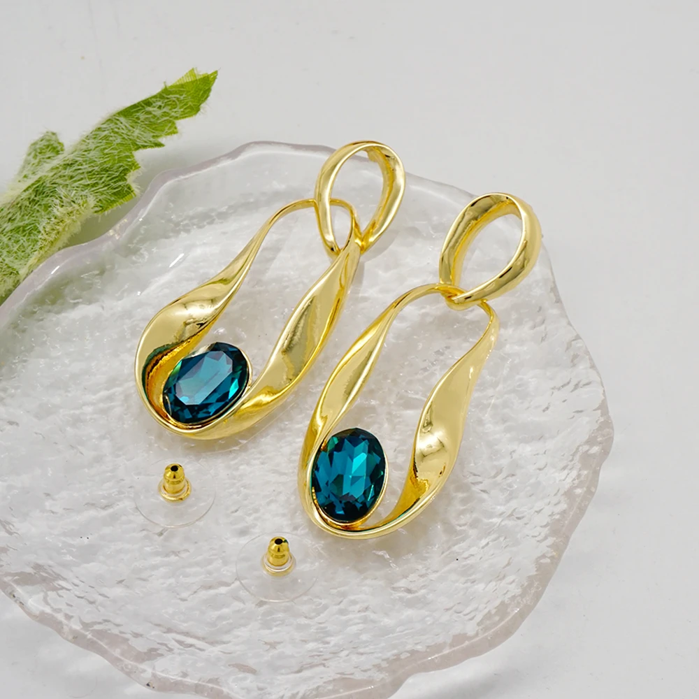 Fashion Jewelry Hanging Long Drop Dangle Earring For Women Personality Blue Rhinestone Crystal Copper Earrings Statement Earring