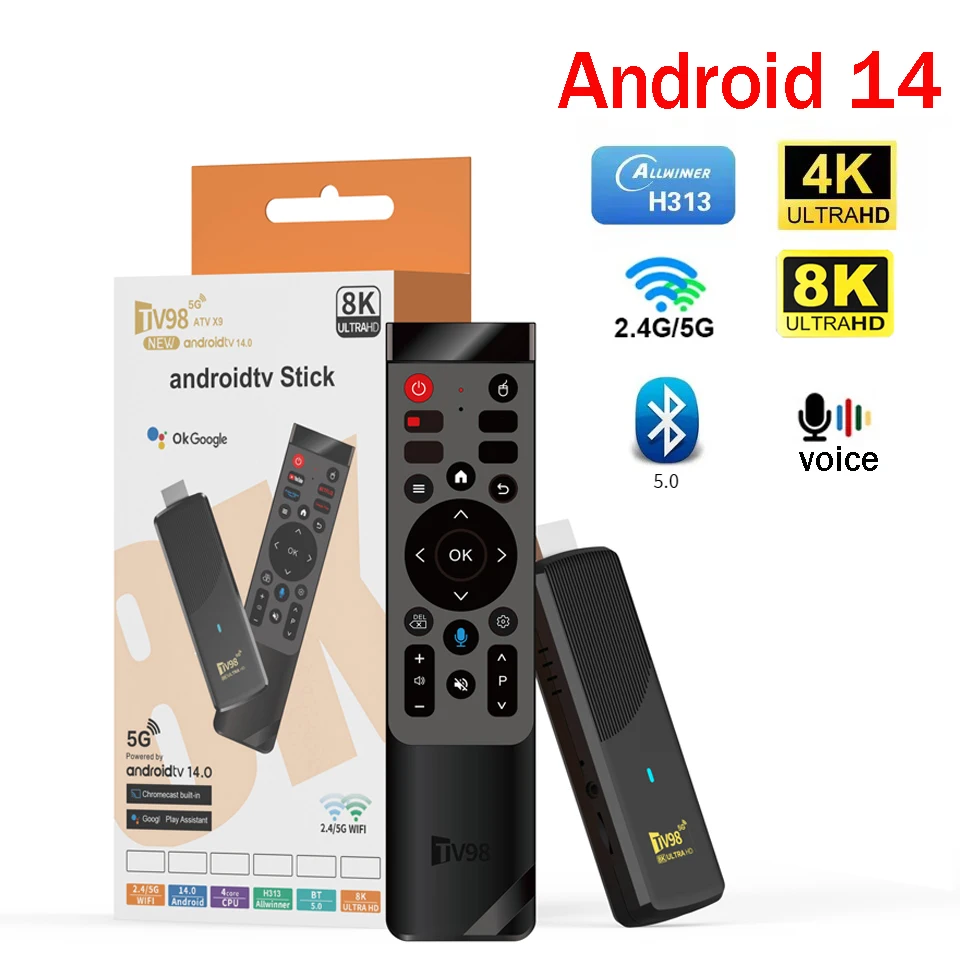 TV Stick Android 14 Full HD 4K 8K 4G 5G WiFi 6 con Controllo Vocale BT5.0 Allwinner H313 Quad Core Lettore Multimediale Video IPTV