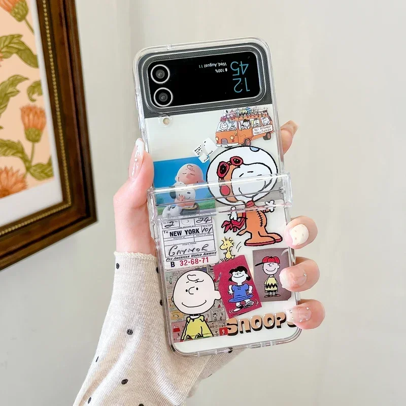 Bonita funda de teléfono con dibujos animados de Snoopy y Charlie Brown para Samsung Galaxy Z Flip 6 5, funda de TPU suave transparente para Z Flip 3 4 con cordón