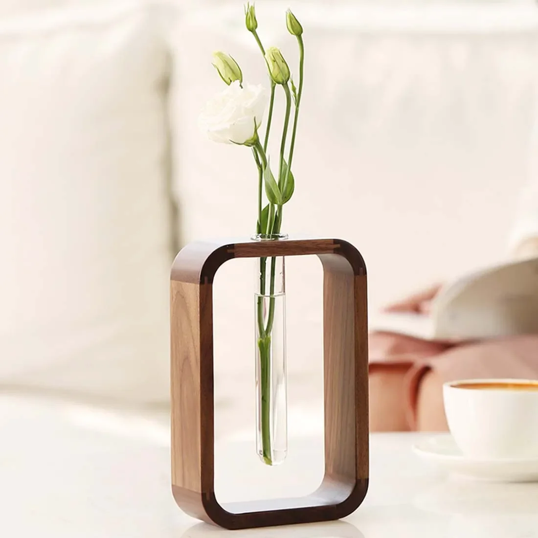 Solid Wood Test Tube Vase, Transparent Glass, Tabletop Decoration, Black Walnut, Green, Green, Living Room 3