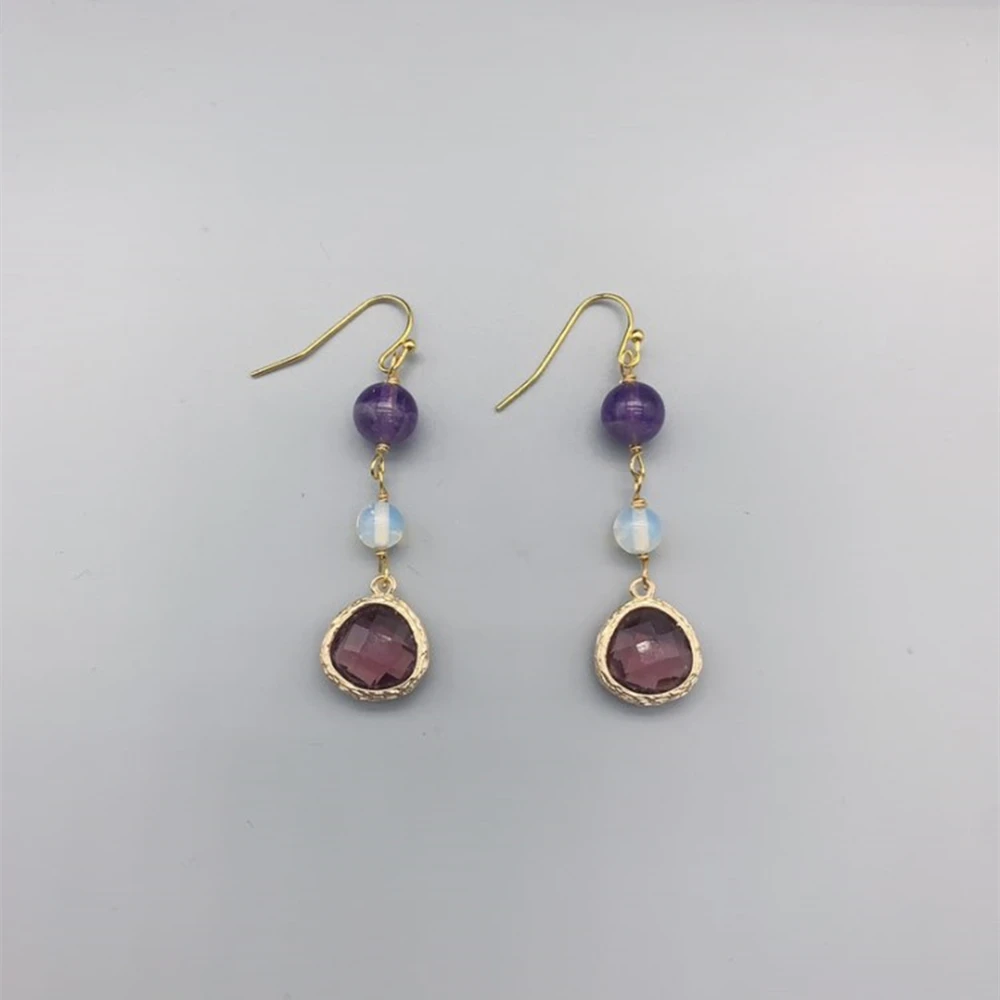 FoLisaUnique Purple Amethyst Moonstone Quartz Dangle Stone Earring For Women