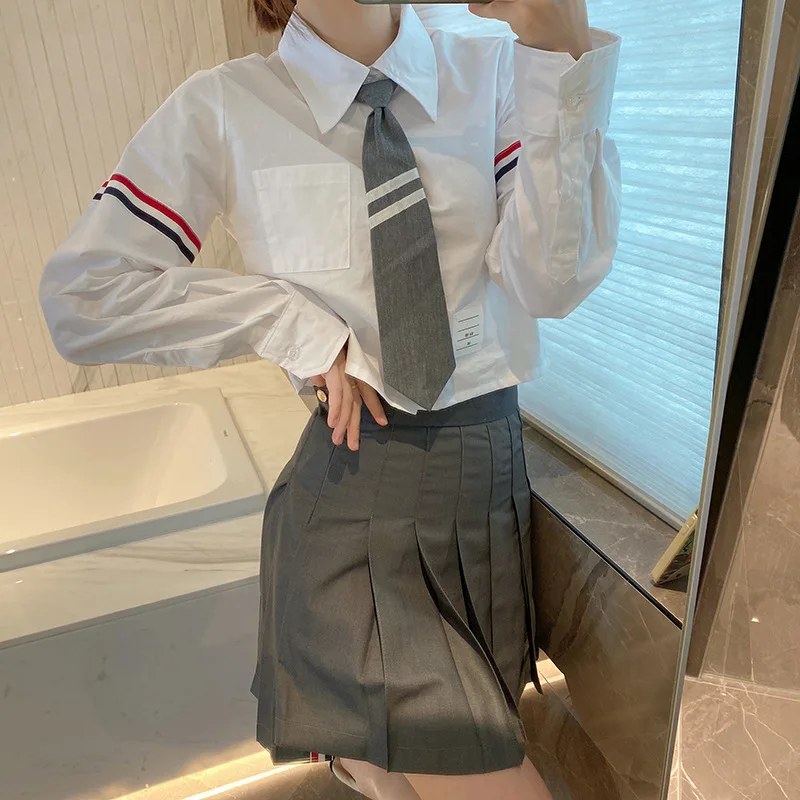 

High Quality TB Long Sleeve White Loose Spring/summer Shirt for Women Couple Casual Shirt Trendy Brand Double Sleeve Webbing