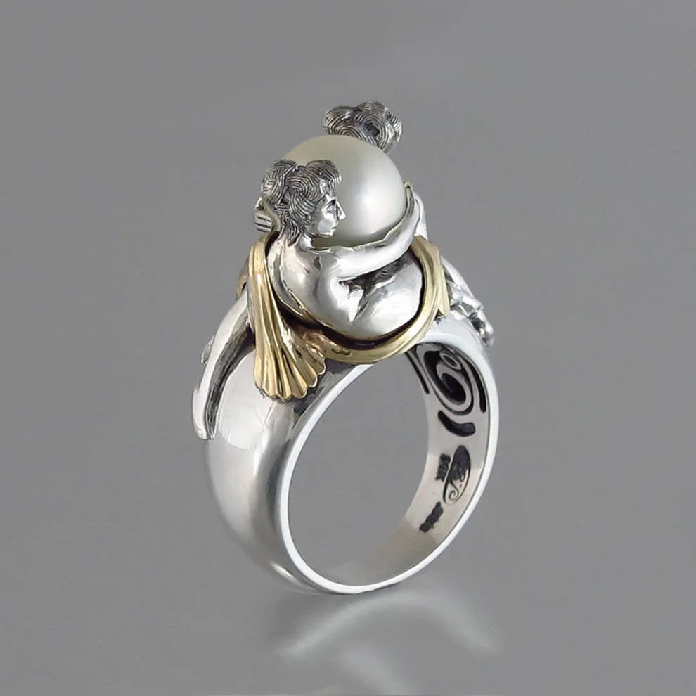 Silver Rings Silver Ring HOYON 925 Sterling Silver Color French Romantic Elegant lady Holding Faux Pearl Ring for Women Jewelry