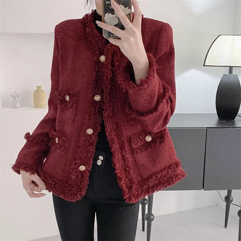 Women Red Wool Tweed Tassel Coat Vintage French Small Fragrance Long Sleeve Casual Loose Grey Autumn Winter Chic Short Jaket