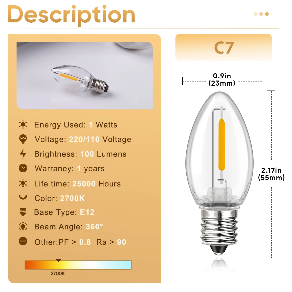 비산 방지 C7 전구 Led E12 110V 220V 1W 촛불 빛 따뜻한 흰색 투명 플라스틱 샹들리에 장식 조명 야외