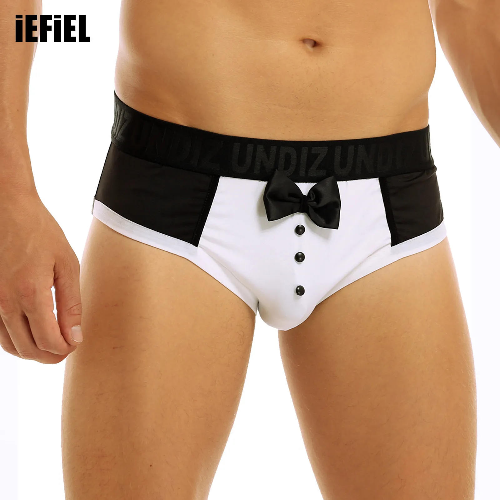 

Mens Soft Lingerie Color Splice Cute Bow Tie Tuxedo Briefs Underwear
