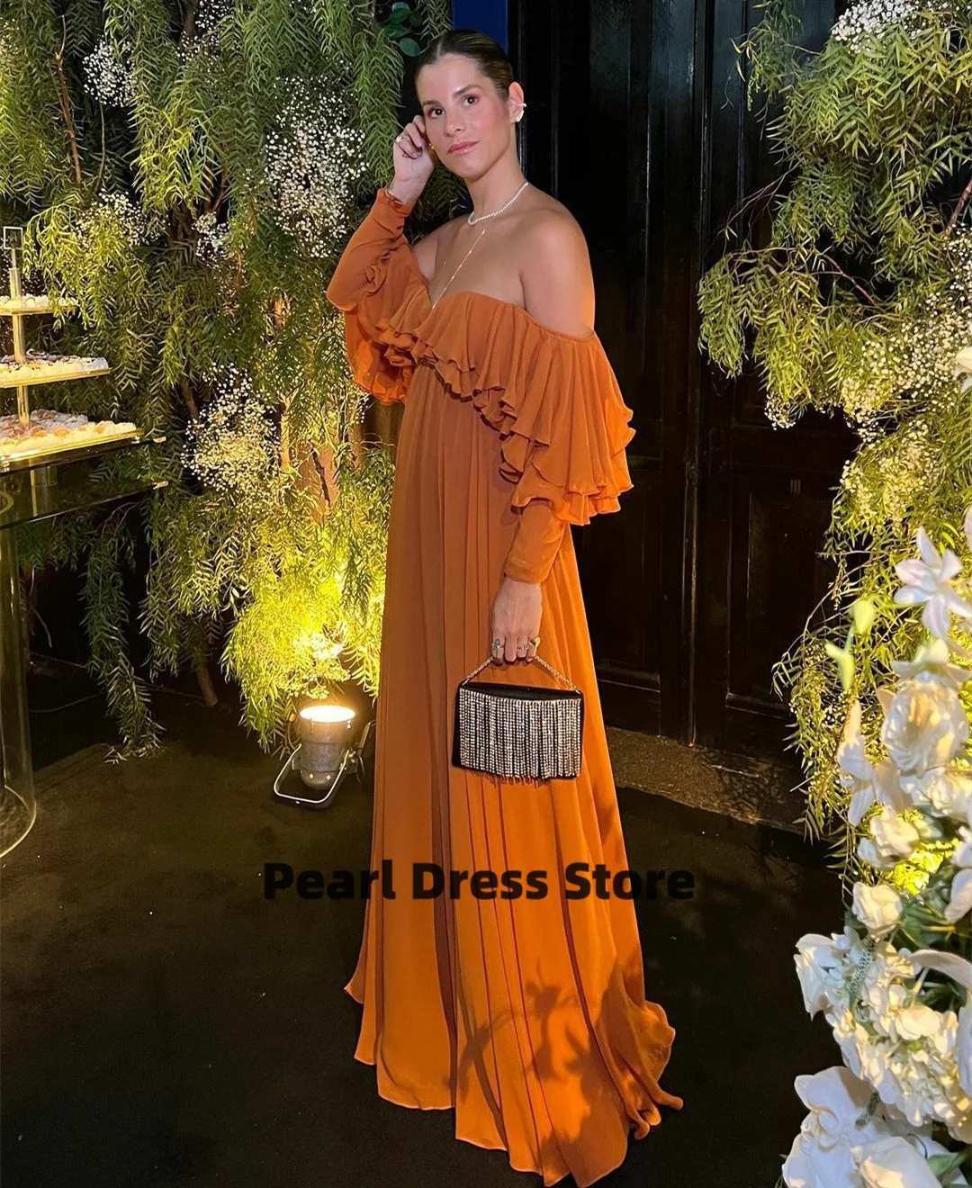 

Elegant Long Orange Chiffon Evening Dress A-line Floor Ruffled Prom Dress Robe Women's Party Dress 2023