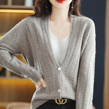 

Wool Cardigan Women's V-Neck Spring Loose Full Wool Shawl Knitted Deep V-Neck Sweater Cardigan Coat