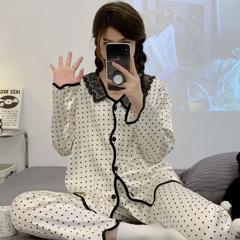 Ice Silk Sleepwear Spring Autumn New Female Long Sleeve Sweet Cute Loungewear Suit Casual Thin Large Size Women's Pajama Set