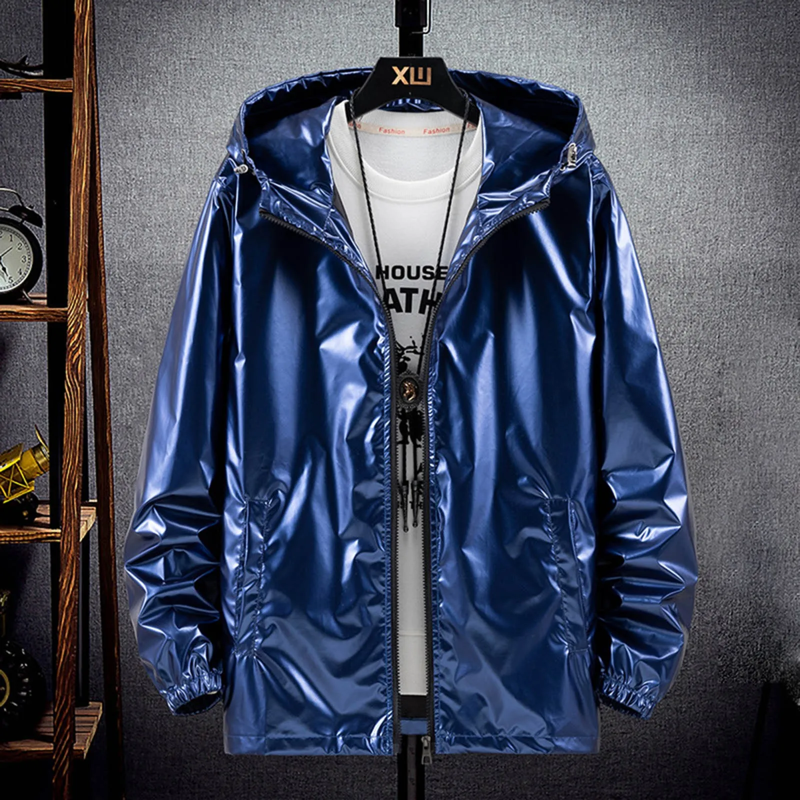 

Hood Thin Mens Pocket Cardigan Zipper Jackets Coat Fashionable Bright Winter Windbreak Overcoat Face Mens Jacket Cool With