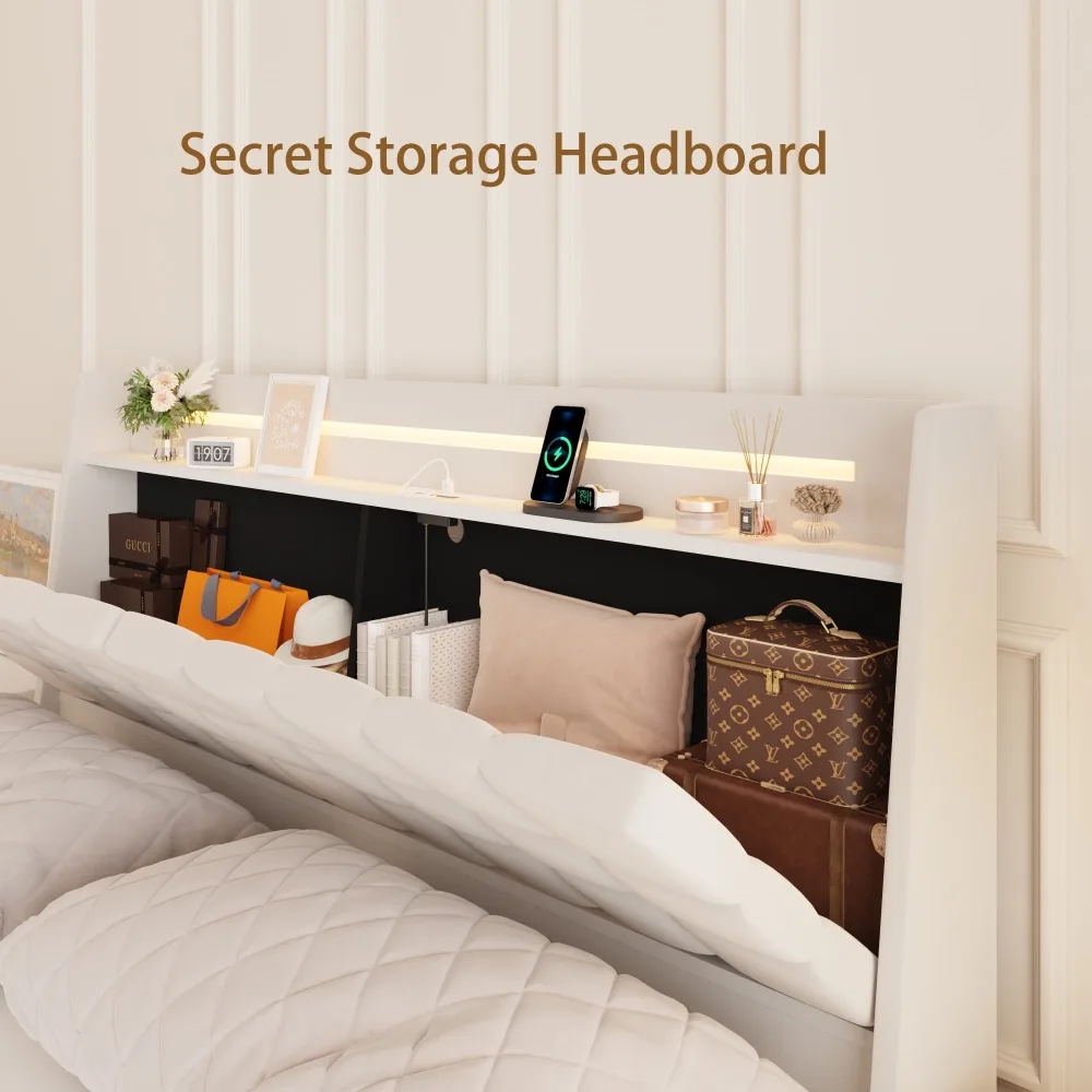 Wood Floating Bed with Hidden Storage Headboard, LED Light, USB Ports for Adult, Beige 5