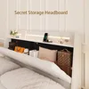 Wood Floating Bed with Hidden Storage Headboard, LED Light, USB Ports for Adult, Beige 5