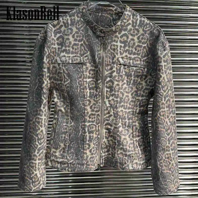 

3.5 KlasonBell Fashion Vintage Leopard Print Denim Set Stand Collar Zipper Waist Collect Jacket Or Straight Jeans Women's