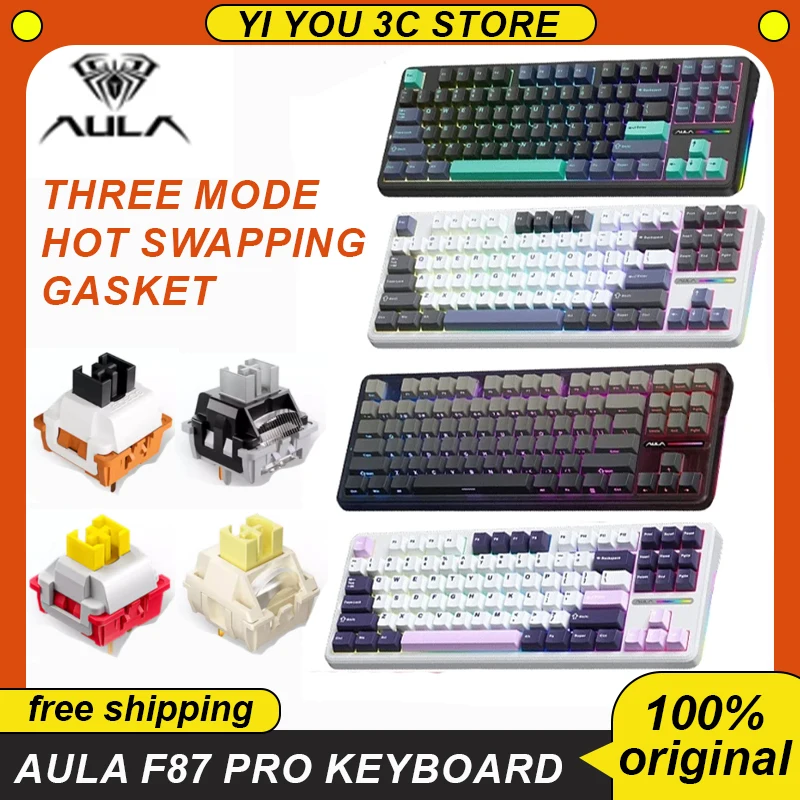 

Aula F87 Pro Mechanical Keyboard Tri Mode 2.4g/Usb/Bluetooth Wireless Keyboard 87 Key Gasket Hotswap Rgb Pbt Pc Gaming Keyboard
