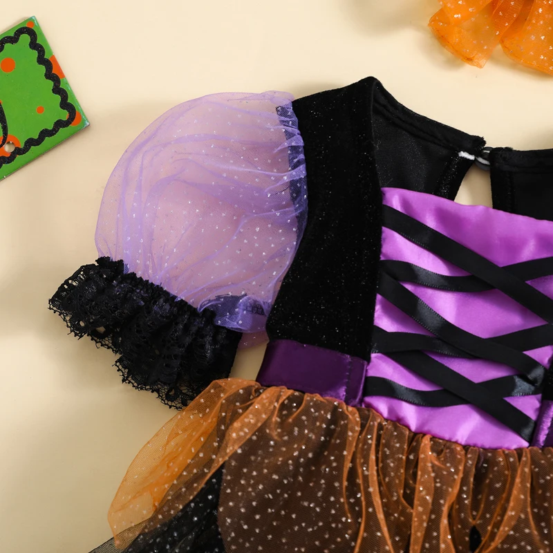 Baby Girl Dress Newborn Baby Girl Halloween Witch Costume Outfit Puff Sleeve Tulle Patchwork Romper Dress with Headband Halloween Clothes girls dress baby jumpsuit baby girl dress