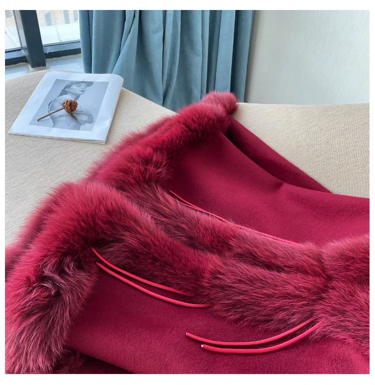 Warme Winterumhänge für Damen, Übergröße, Fledermausärmel, Poncho, 100 % Wollschals mit echtem Fuchspelzbesatz, luxuriöse Wraps – Detail 20