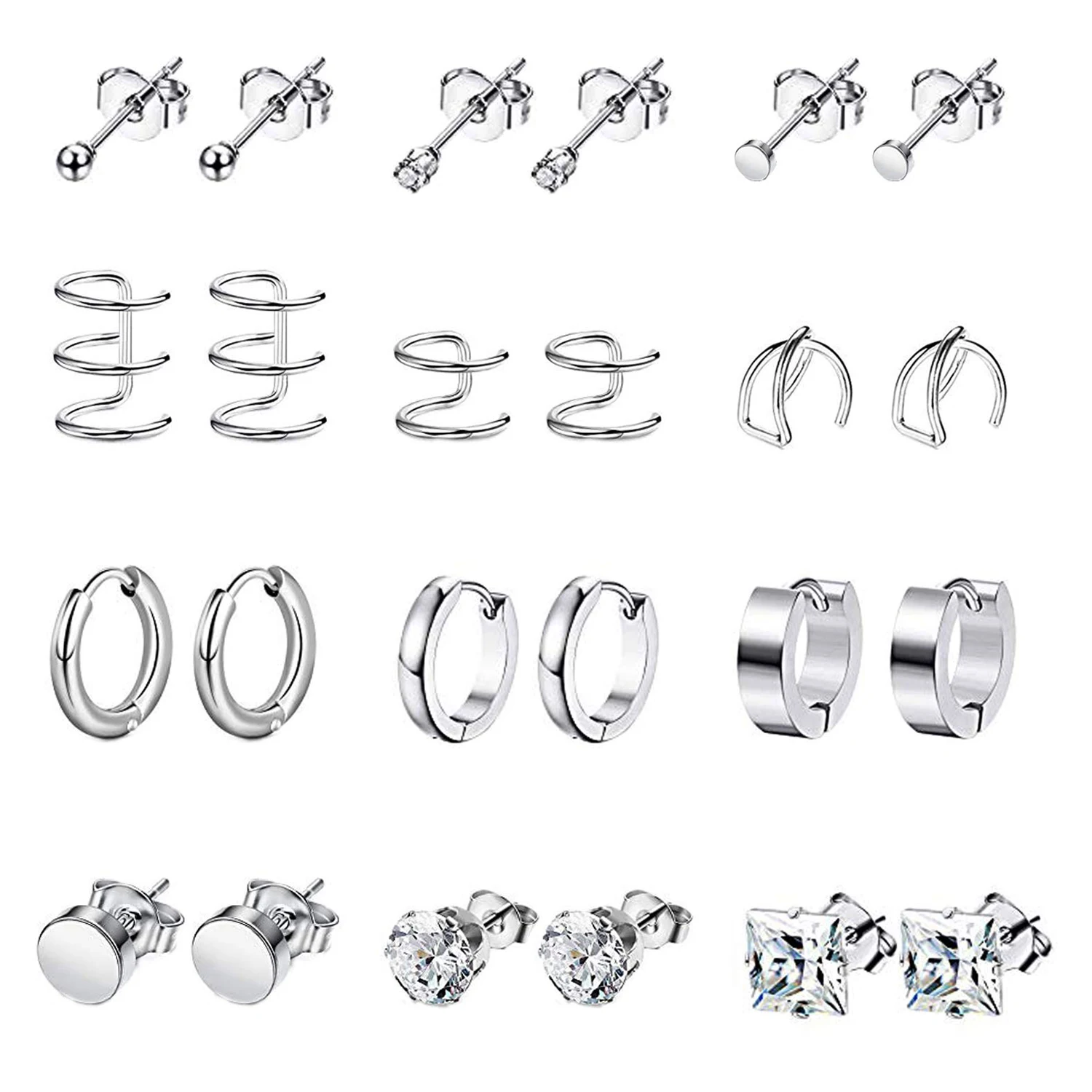 

12 Pairs Stainless Steel Stud Earrings for Men Hoop Earrings for Women Ear Cuff CZ Cartilage Clip On Earrings Ear Piercing Set