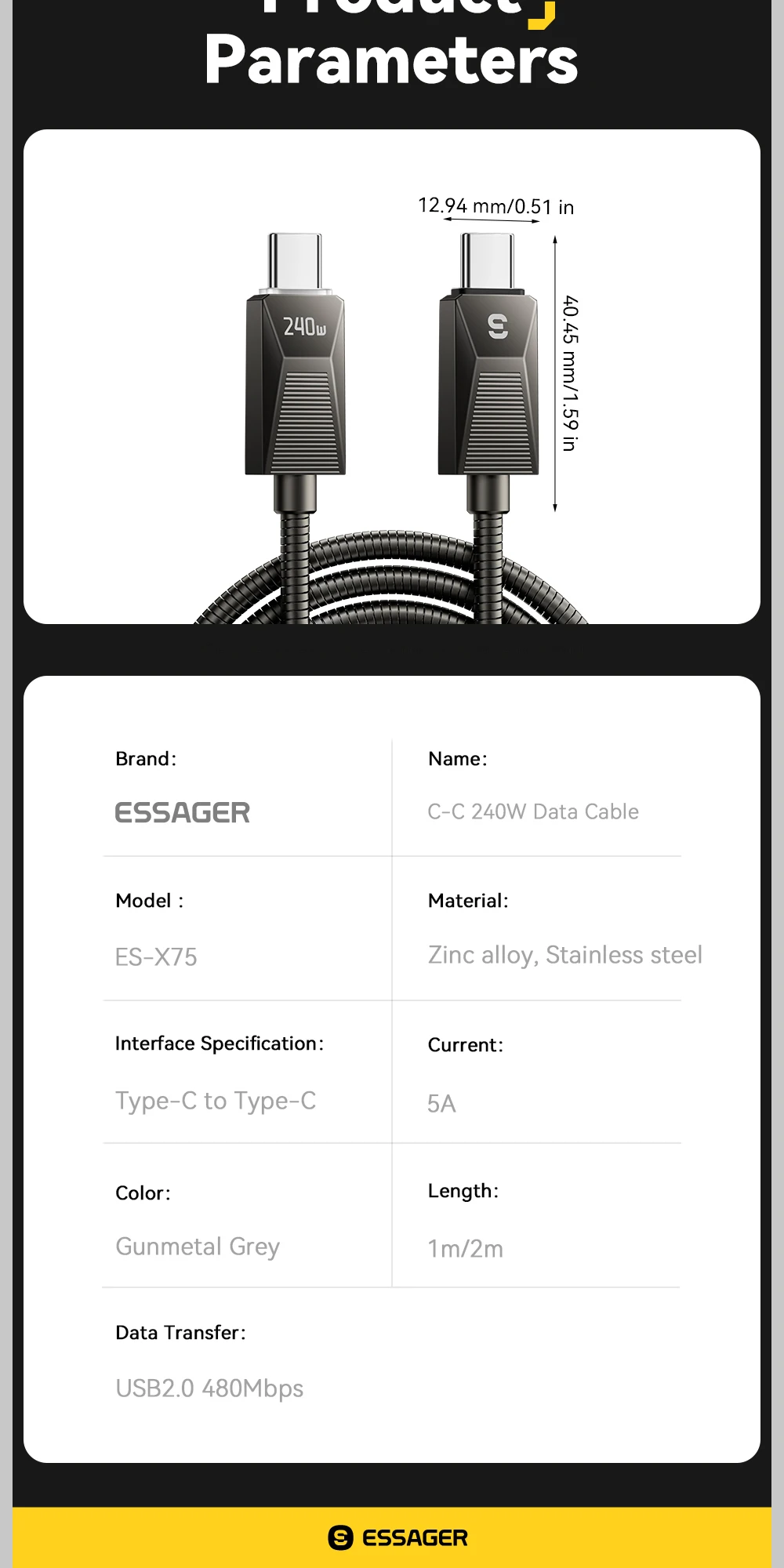 240W Super Fast Charge Type-C Cable 100W Fast Charging Stainless Stee Data Wire