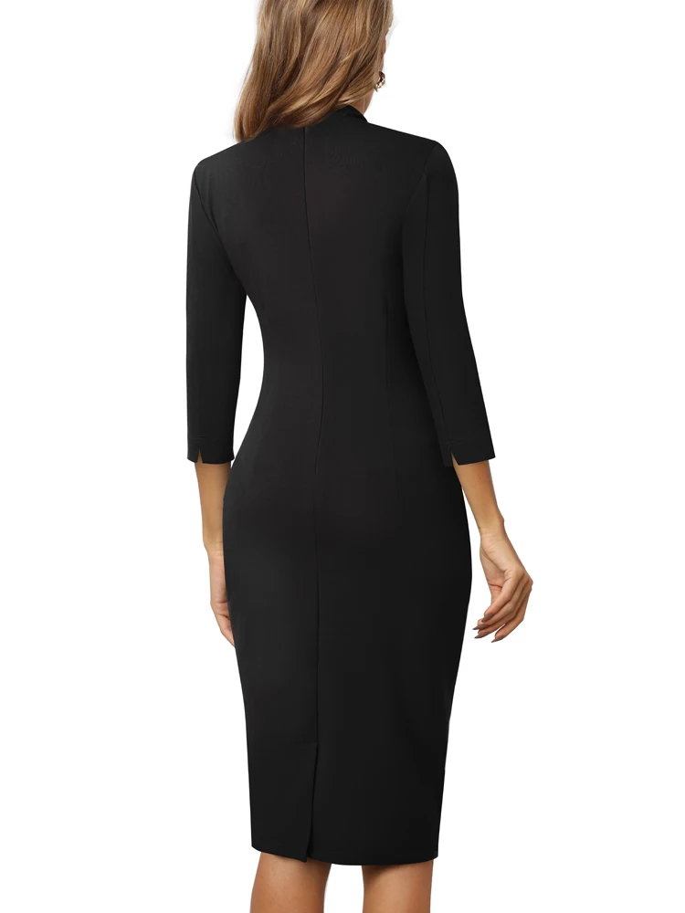 Nice-Forever Autumn Women Classy Plain Black Dresses Formal Business Elegant Bodycon Dress B760 2