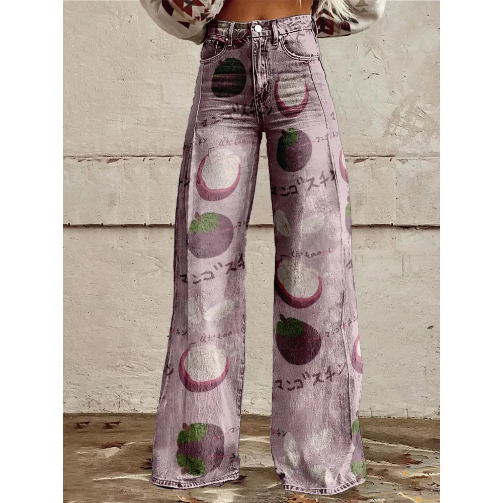 Damen-Hose mit weitem Bein, Grapefruit-Orange-Zitronen-Aufdruck, hoch taillierte Schlaghose, bunte Früchte, Sommer-Festival-Party-Hose – Detail 14