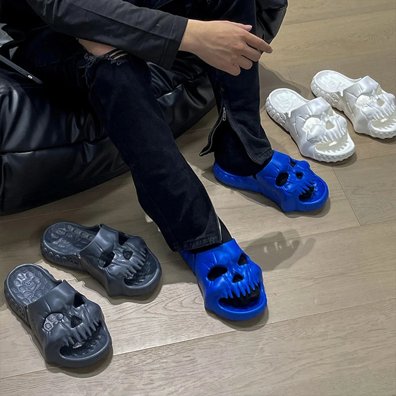 Punk Gothic Skull Slippers Men's Women Summer Ins Fashion Indoor Home Thick Soles EVA Sandals Outdoor Beach Flip Flops