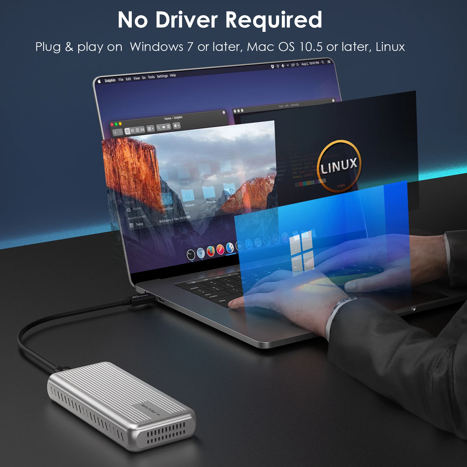 WAVLINK 범용 썬더볼트 USB4 PCIe NVMe SSD 인클로저, 2230, 2242, 2260/2280 B + M-Key PCIe SSD, TBT4, TBT3 지원, 40Gbps
