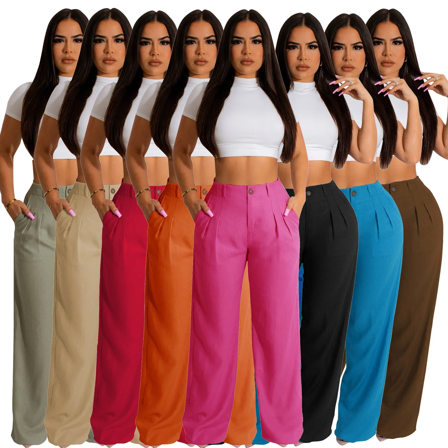 High Street Empire Waist Loose Wide Leg Trouser Ins Retro Teen Girls Button Down Straight Long Pant with Double Slant Pockets railway empire down under pc