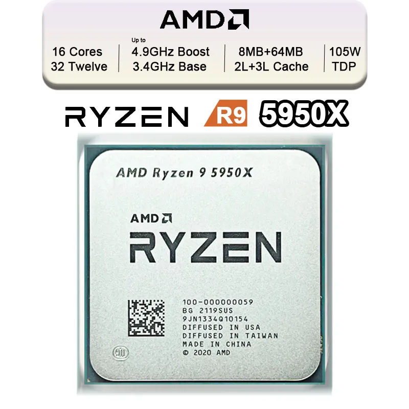 AMD 100-100000059WOF Ryzen 9 5950X 16-Cores 8MB Up to 4.9GHz Desktop  Processor