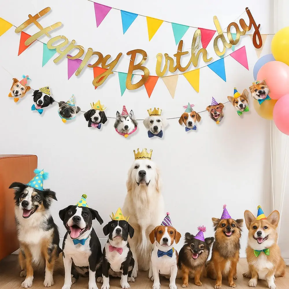 Cartoon Pattern Happy Birthday Banner Paper Cute Animal Pet Theme Banner DIY Decoration Lucky Hanging Flag