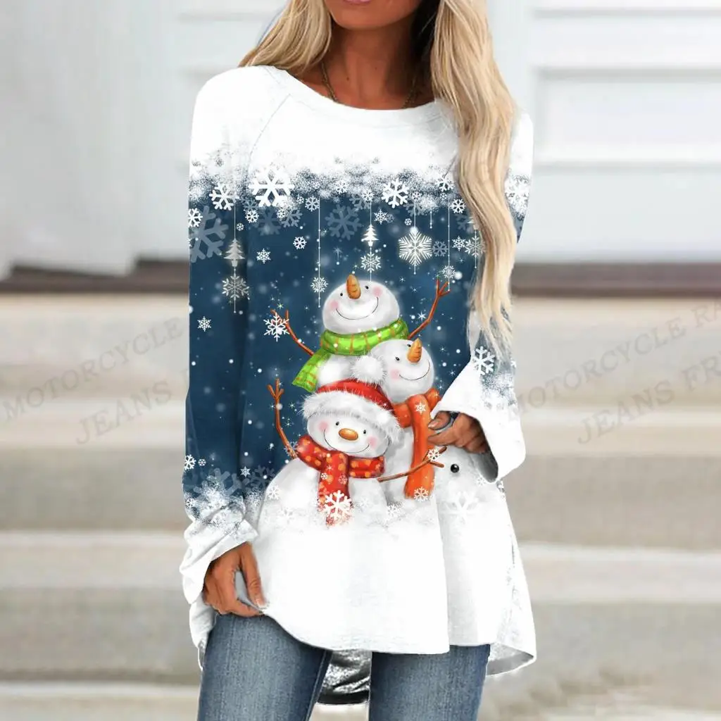 

2023 3d Snowman Print T-shirt Women Fashion Loose Long Tops Tees Long Sleeve Tshirt Snowflake Camisetas Ladies Tees Christmas