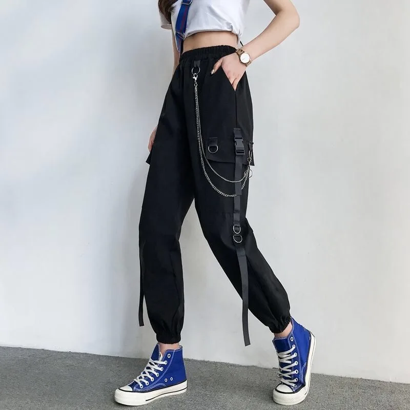 Women Harajuku Elastics High Waist Cargo Pants Dark Academia Fashion Pockets Punk Jogger Trousers with Chain Streetwear Goth Y2k
