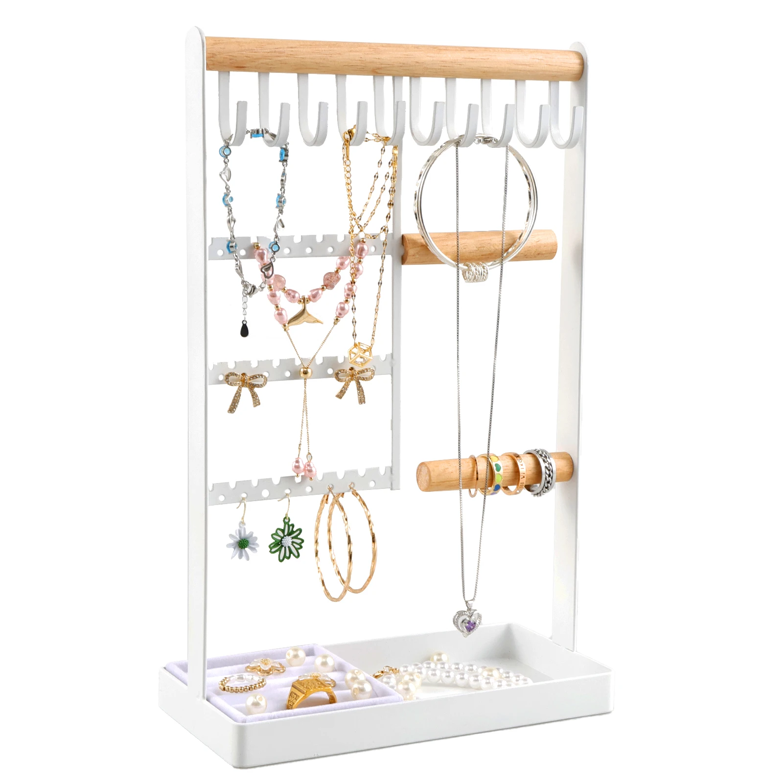 

Органайзер-подставка для ювелирных изделий, многоуровневый держатель для сережек, многоцелевой органайзер для ожерелий со съемным бархатным подносом для колец, креативный