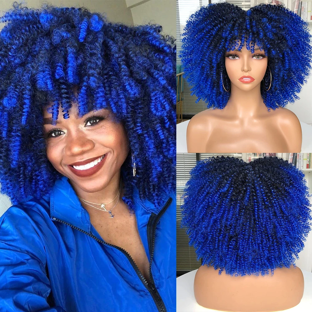 

Short Curly Afro Wig With Bangs for Black Women Bomb Afro Kinky Curly Hair Wig Fiber Synthetic Full Wigs Blue Wig Red Pink