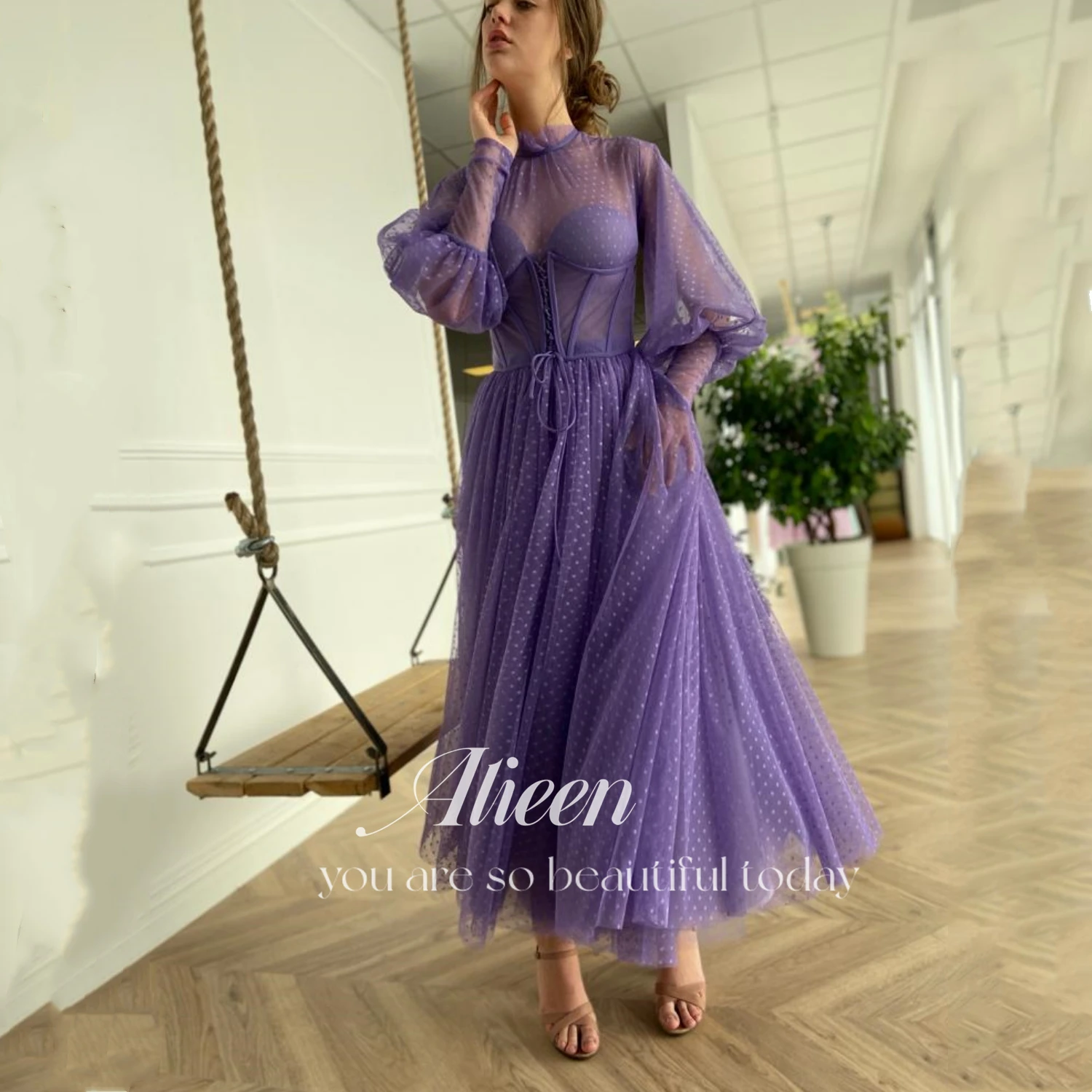 

Aileen Purple Corseted Prom Dresses Long Sleeves Dotted Tulle Tea-Length Evening Dresses Exposed Boning A-Line Party Dresses