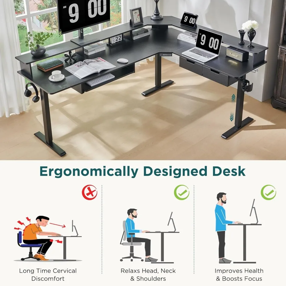 L Shaped Electric Standing Desk, 75X60 Inches, Height Adjustable, Corner Gaming Desk with Drawers, Power Outlets & LED Lights 4