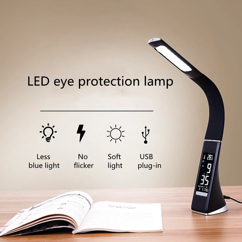 

LED Desk Lamp with Calendar Temperature Alarm Clock 3 Modes Lighting Eye Protection Reading Lamp USB Plug-in Dimming Night Light