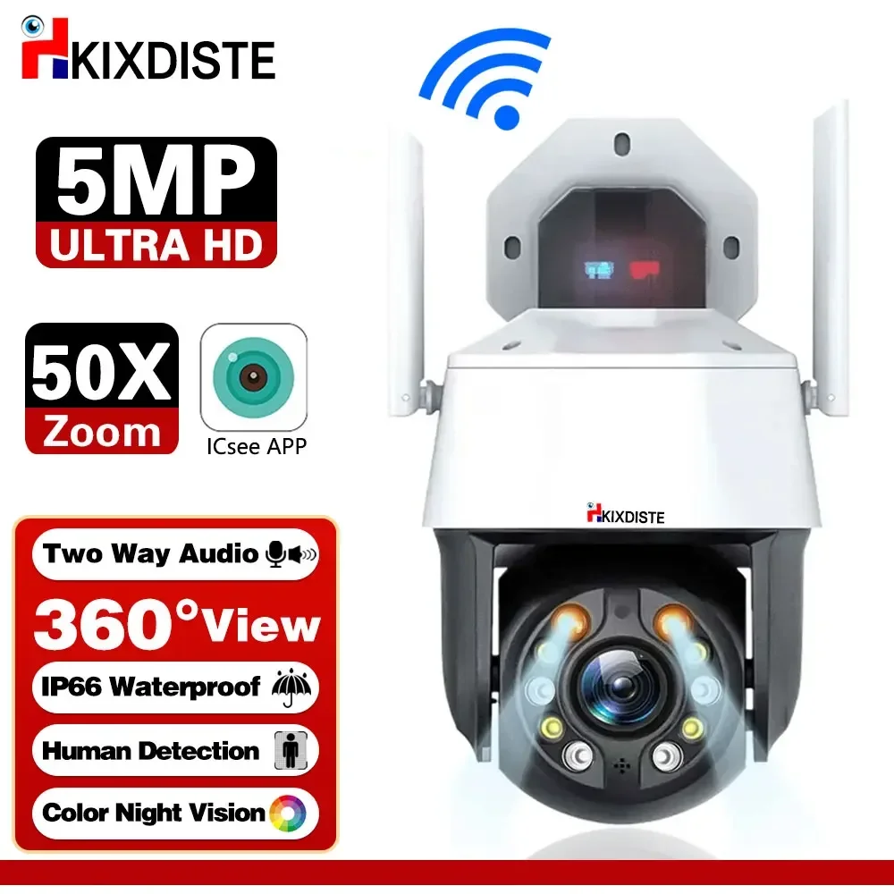 WiFi Camera CCTV 5MP Outdoor Video Surveillance IP Cam 50X Optical Zoom Color Night Vision Security Protection H.265 NVR System 8mp ptz 4k ip camera 20x optical zoom color night poe imx415 security cctv surveillance camera hikvision agreement