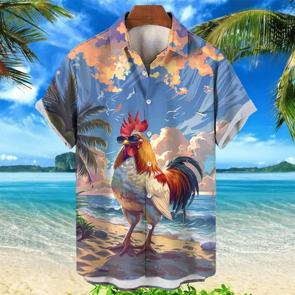 Hawaii Herren hemd Cartoon 3d Tier Huhn Druck Tops Sommer Mode Urlaub Kurzarm Hemden Revers Knopf Kleidung