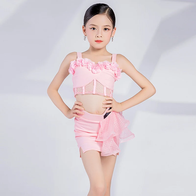 

2023 Pink Latin Dance Performance Costume Tops Skirt Girls ChaCha Competition Outfit Children Rumba Samba Dancewear VDB6653