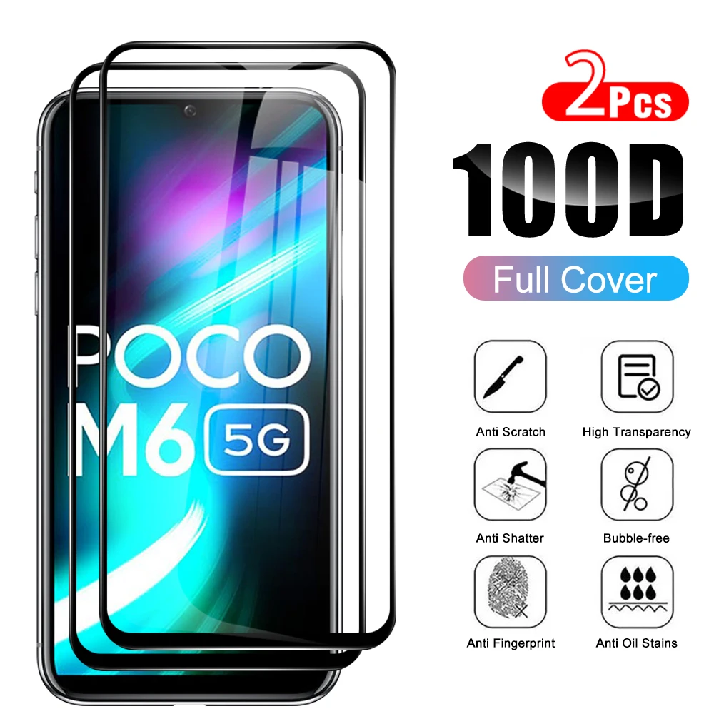 

2 шт. прозрачная защита для экрана для Xiaomi Poco M6 5G черная кромка закаленное стекло против царапин poxom6 M 6 2023 защитное стекло