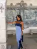 Robe longue de soirée pour femme à bretelles fines, col écharpe, color block, fente haute, longueur ras du sol, pour fêtes