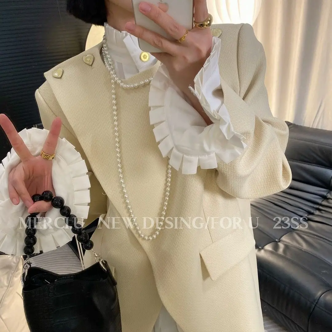 Women's Spring New Love Texture High Order Suit Fashion French Ruffle Edge Shirt  blazer women  tweed