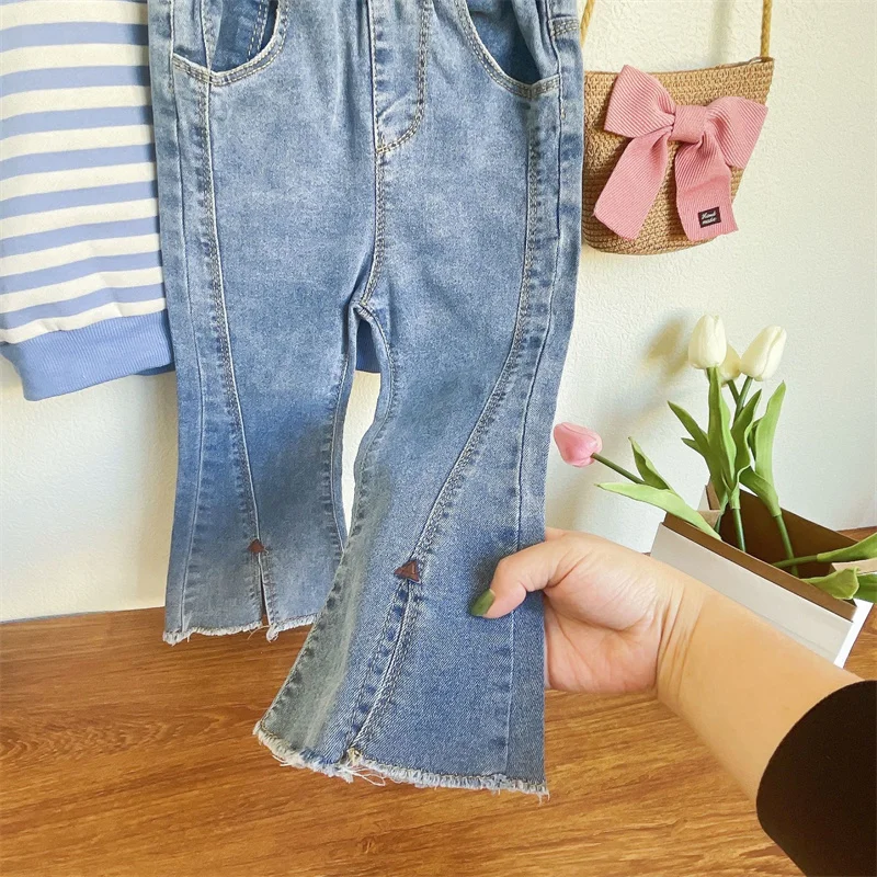 Girls Fashion Striped Set Kids Casual Sweatshirts Outfits Children Long Sleeves Clothing Suits Spring Fall Tops+Flared Jeans