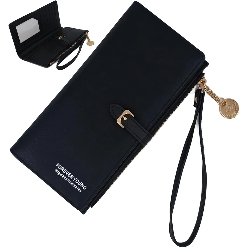 Elegant Women's PU Leather Bifold Wallet with Zipper Pocket and Wristlet